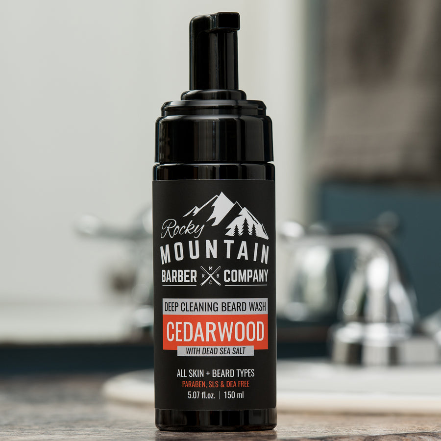Foaming Cedarwood Beard Wash in Bathroom