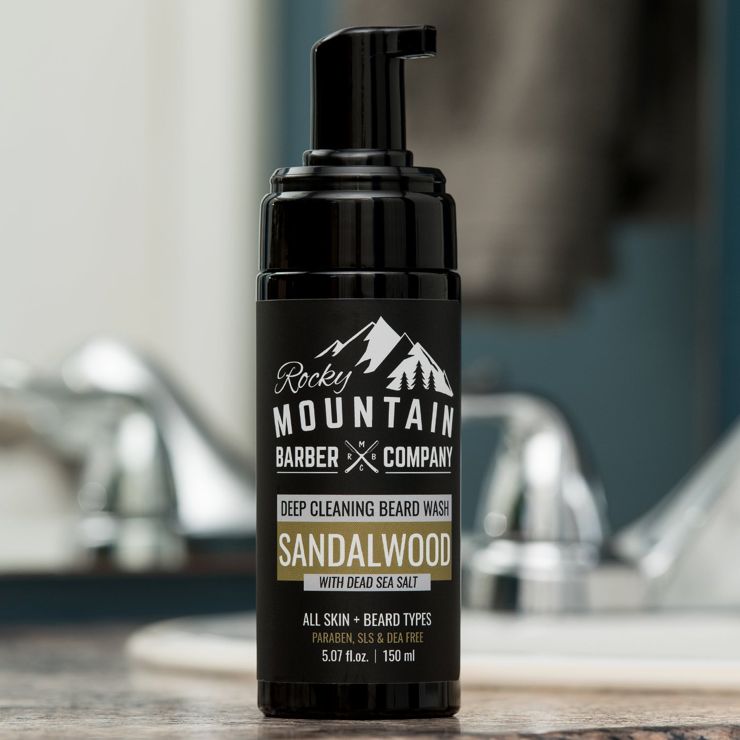 Foaming Sandalwood Beard Wash on Bathroom Counter